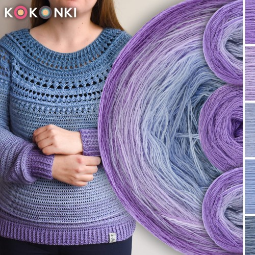 Zestaw na sweter/kardigan Nathalie od Kotek i motek 11 / Kokonki Merino / Jasny fiolet/lawenda/jasne indygo/jasny niebieski/szaroniebieski melanż