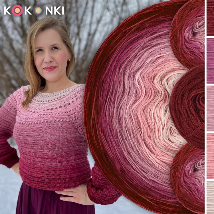 Zestaw na sweter/kardigan Nathalie od Kotek i motek 04 / Kokonki Merino / Bordo/lody porzeczkowe/zgaszony róż/morela/nude