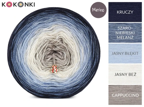 KOKONEK_Merino 825 Crystal frost - Kruczy/szaroniebieski melanż/jasny błękit/jasny beż/cappuccino / 3 nitki / 1500 m / 320 g - GOTOWY