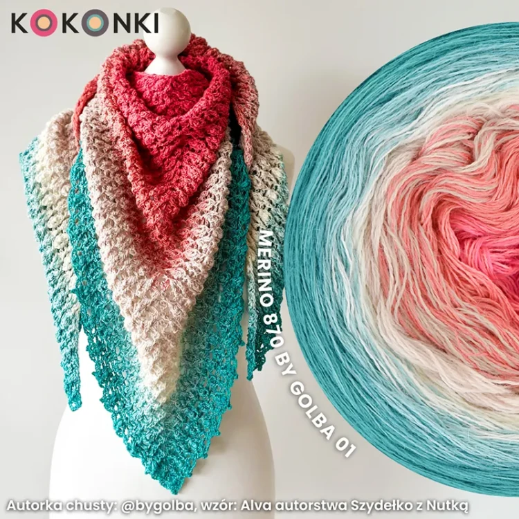 KOKONEK Merino 870 by Golba 01 - Bajeczny róż/jasna malwa/nude/krem/patyna/szmaragd