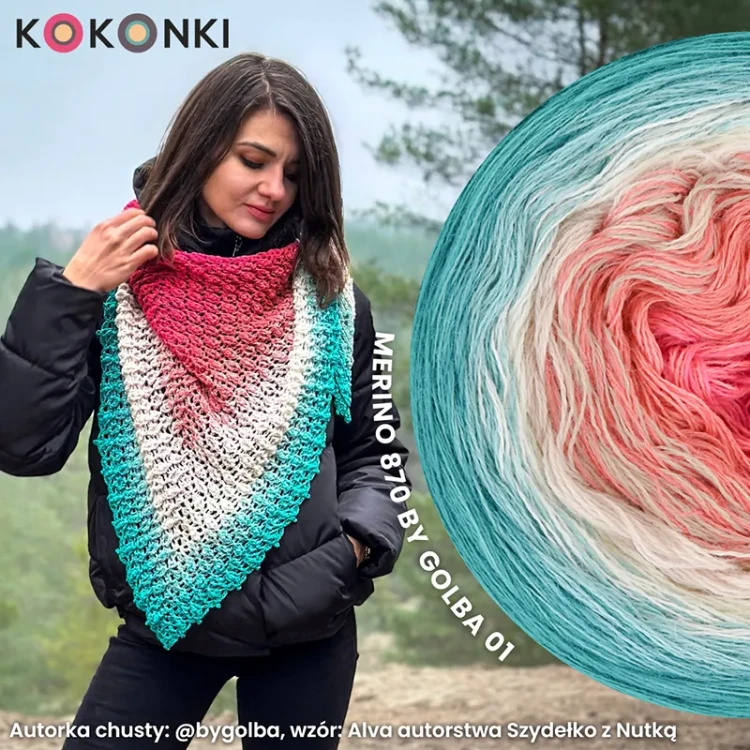 KOKONEK Merino 870 by Golba 01 - Bajeczny róż/jasna malwa/nude/krem/patyna/szmaragd