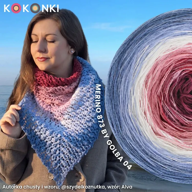 KOKONEK Merino 873 by Golba 04 - Szaro-niebieski/jasne indygo/biel/morela/lody porzeczkowe