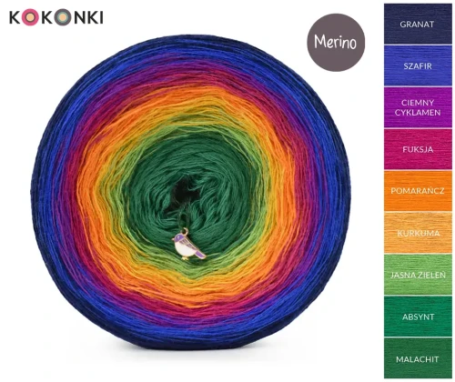 KOKONEK Merino 9K 09 - Granat/szafir/ciemny cyklamen/fuksja/pomarańcz/kurkuma/jasna zieleń/ absynt/malachit / 3 nitki / 1400 m / 300 g