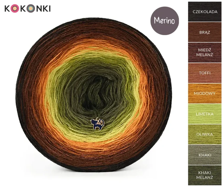 KOKONEK Merino 9K 06 - Czekolada/brąz/miedź melanż/toffi/miodowy/limetka/oliwka/khaki/khaki melanż / 3 nitki / 1400 m / 300 g