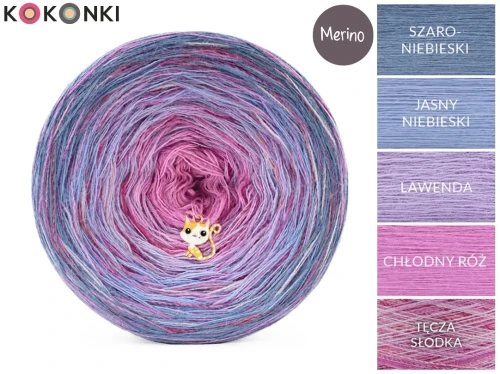 KOKONEK Rare Merino R200 - Szaroniebieski/jasny niebieski/lawenda/chłodny róż + tęcza słodka (3n + 1)