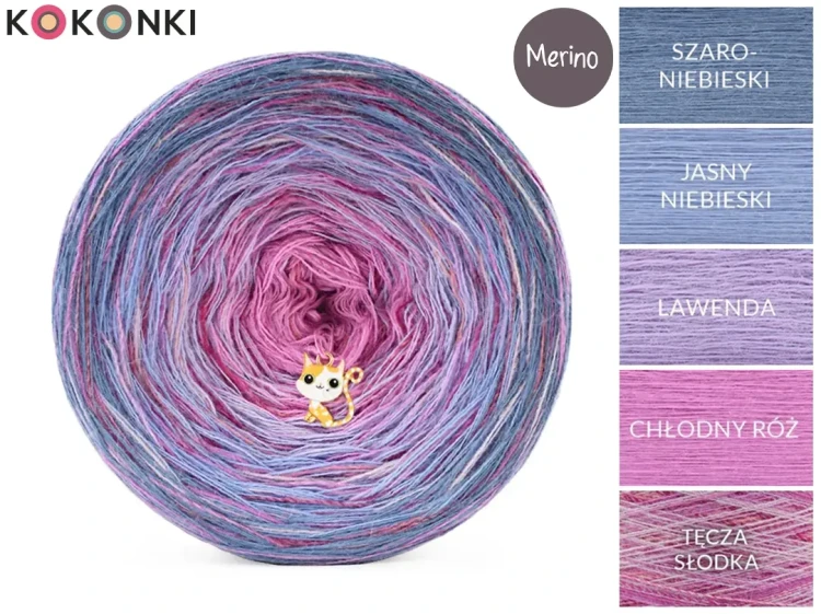 KOKONEK Rare Merino R200 - Szaroniebieski/jasny niebieski/lawenda/chłodny róż + tęcza słodka (3n + 1)