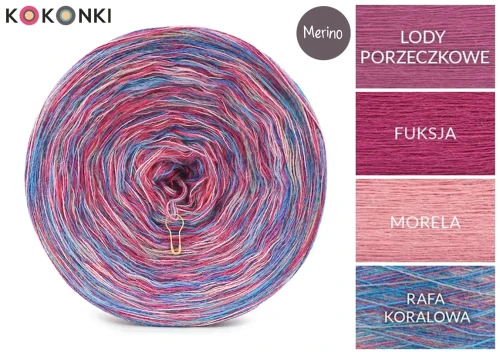 KOKONEK Merino Melanż R207 - Lody porzeczkowe/fuksja/morela + tęcza rafa koralowa (3 nitki + 1)