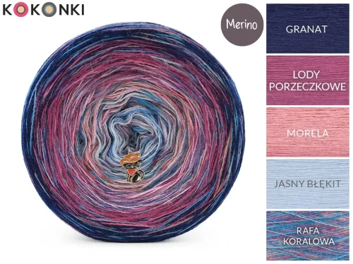 KOKONEK Rare Merino R203 - Granat/lody porzeczkowe/morela/jasny błękit + tęcza rafa koralowa (3n + 1)