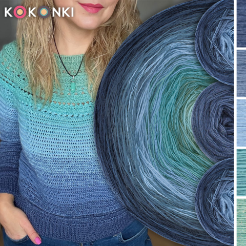 Zestaw na sweter/kardigan Nathalie od Kotek i motek 07 / Kokonki Merino / Fumo/szaroniebieski/błękit/patyna/ciemna mięta + wzór PDF  