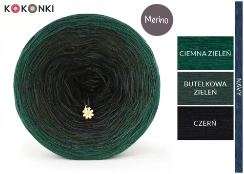 KOKONEK Rare Merino R205 Włóczykij - Ciemna zieleń/butelkowa zieleń/czerń + 1 nitka navy (3 nitki + 1)
