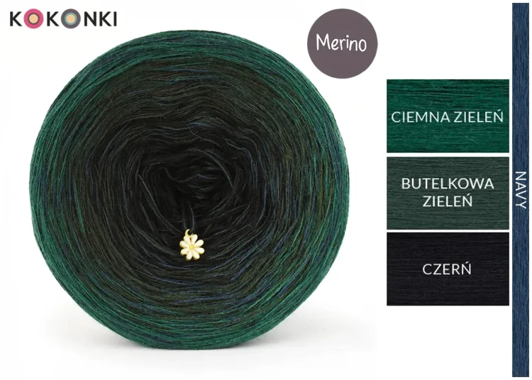 KOKONEK Rare Merino R205 Włóczykij - Ciemna zieleń/butelkowa zieleń/czerń + 1 nitka navy (3 nitki + 1)