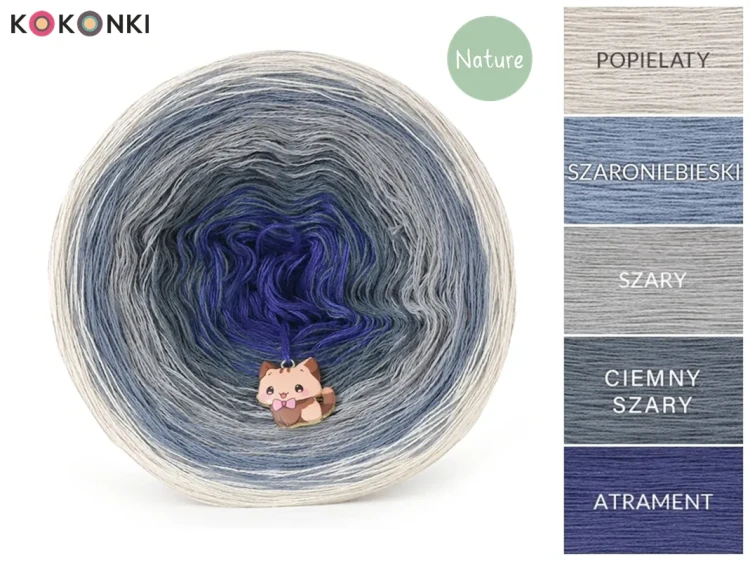 Zestaw na sweter/kardigan Nathalie od Kotek i motek 01 / Kokonki Nature / Popielaty/szaroniebieski/szary/ciemny szary/atrament + wzór PDF