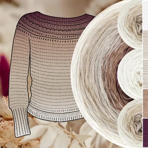 Zestaw na sweter/kardigan Nathalie od Kotek i motek 02 / Kokonki Nature / Beza/beż/popielaty/latte/wino + wzór PDF