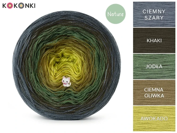 Zestaw na sweter/kardigan Nathalie od Kotek i motek 12 / Kokonki Nature / Ciemny szary/khaki/jodła/ciemna oliwka/awokado + wzór PDF