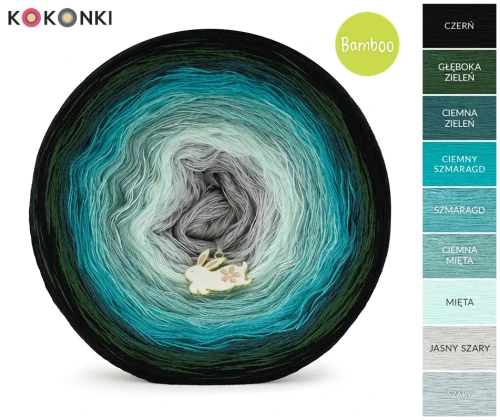KOKONEK Bamboo 9K BB141 Czerń/głęboka zieleń/ciemna zieleń/ciemny szmaragd/szmaragd/ciemna mięta/mięta/jasny szary/szary / 4 nitki / 1400 m / 280 g - GOTOWY