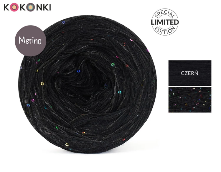 KOKONEK_Merino GLOW MG01 - Czerń + cekiny disco czerń / 400 m / 3+1 nitki - GOTOWY