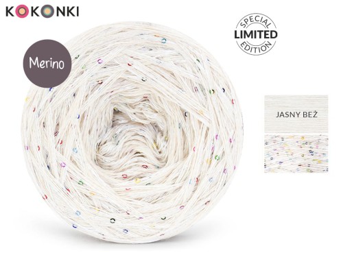 KOKONEK_Merino GLOW MG02 - Jasny beż + cekiny disco biel / 400 m / 3+1 nitki - GOTOWY
