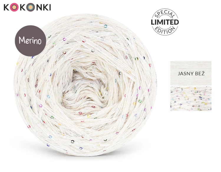 KOKONEK_Merino GLOW MG02 - Jasny beż + cekiny disco biel / 400 m / 3+1 nitki - GOTOWY