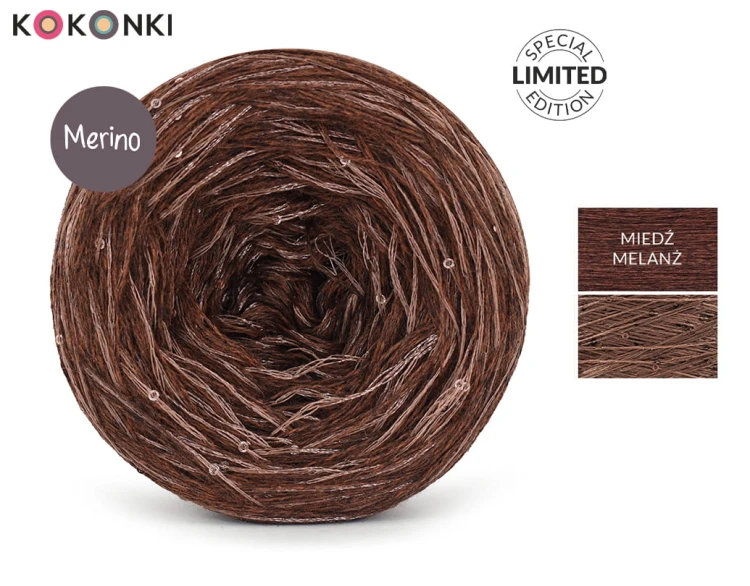 KOKONEK_Merino GLOW MG06 - Miedź melanż + cekiny kakao / 400 m / 3+1 nitki - GOTOWY