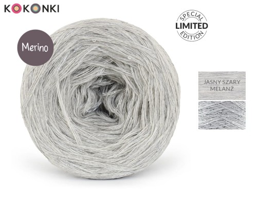 KOKONEK_Merino GLOW MG09 - Jasny szary melanż + cekiny srebro / 400 m / 3+1 nitki - GOTOWY