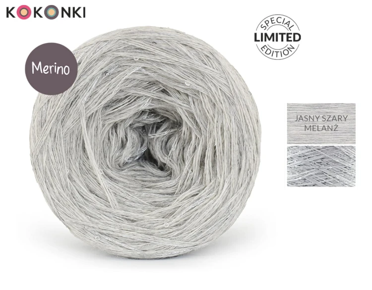 KOKONEK_Merino GLOW MG09 - Jasny szary melanż + cekiny srebro / 400 m / 3+1 nitki - GOTOWY