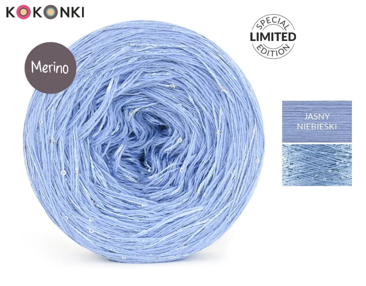 KOKONEK_Merino GLOW MG12 - Jasny niebieski + cekiny błękit / 400 m / 3+1 nitki - GOTOWY