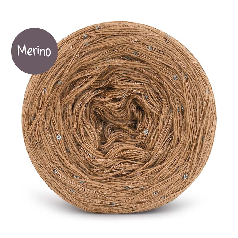 KOKONEK_Merino GLOW MG13 - Ciemny beż + cekiny kawa mrożona / 400 m / 3+1 nitki - GOTOWY