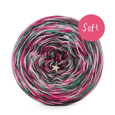 KOKONEK_Melanż Soft R115 - Butelkowa zieleń/absynt/róż/gorący róż / 4 nitki / 375 m / 100 g - GOTOWY