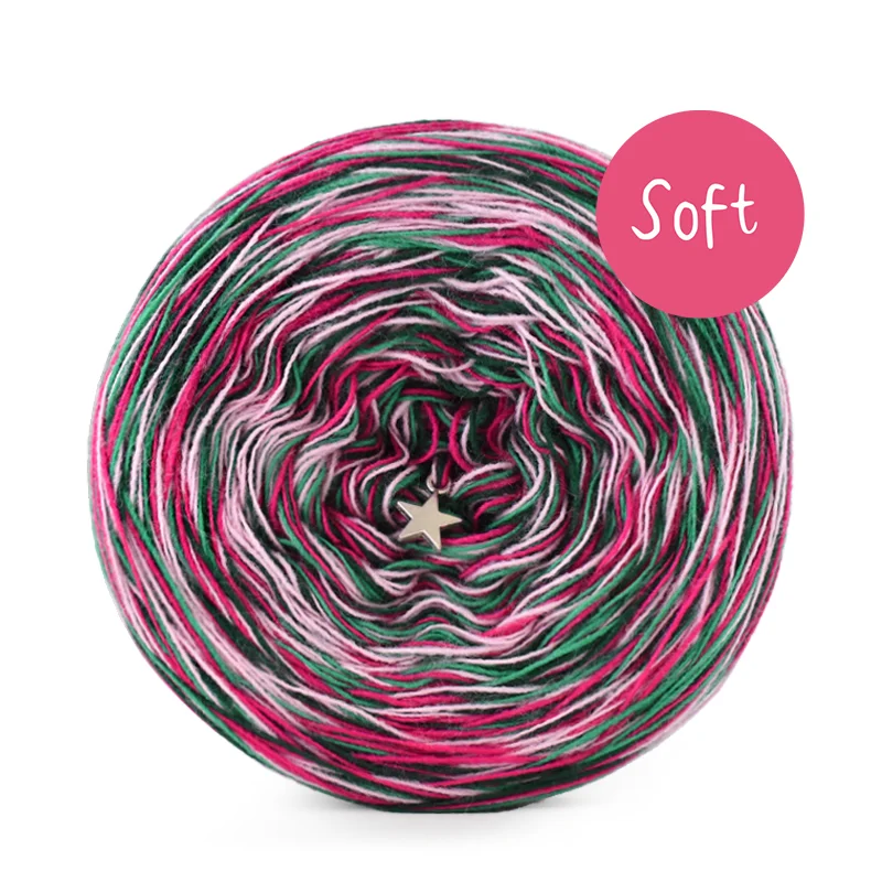 KOKONEK_Melanż Soft R115 - Butelkowa zieleń/absynt/róż/gorący róż / 4 nitki / 375 m / 100 g - GOTOWY