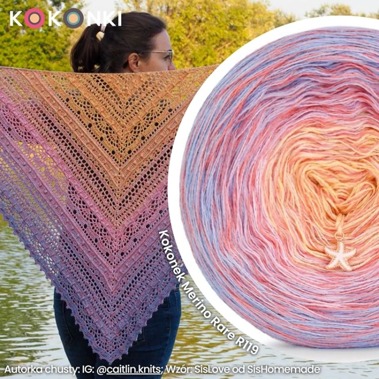 KOKONEK Rare Merino R119 Jasny niebieski/lawenda/jasny róż/żółty + 1 nitka jasna malwa
Autorka chusty: IG: @caitlin.knits - Katarzyna Górska Lalak; Wzór: SisLove od SisHomemade