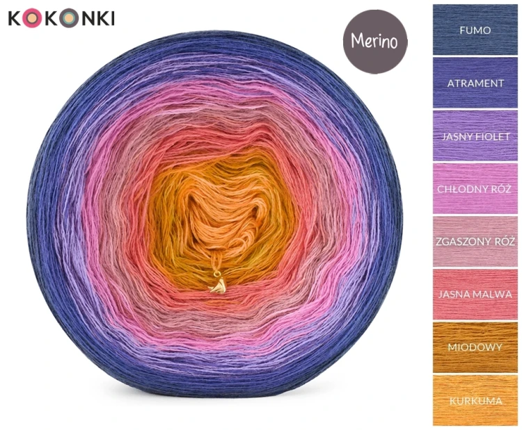 KOKONEK Merino 877 Kwietna Łąka - Fumo/atrament/jasny fiolet/chłodny róż/zgaszony róż/jasna malina/miodowy/kurkuma