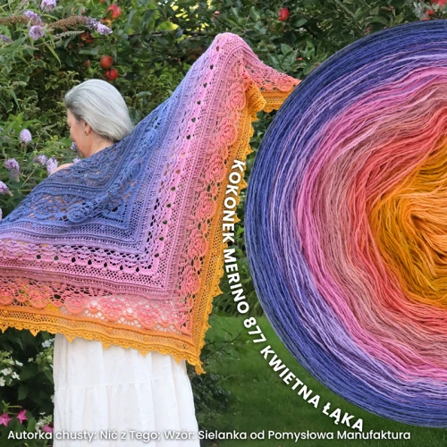 KOKONEK Merino 877 Kwietna Łąka - Fumo/atrament/jasny fiolet/chłodny róż/zgaszony róż/jasna malina/miodowy/kurkuma