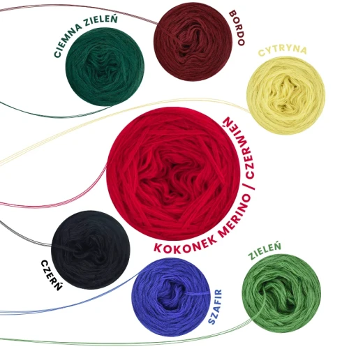 Zestaw na chustę „Zapaska" od Forest of Needles 05 / Kokonki Merino / Czerń/czerwień/ciemna zieleń/zieleń/cytryna/bordo/szafir