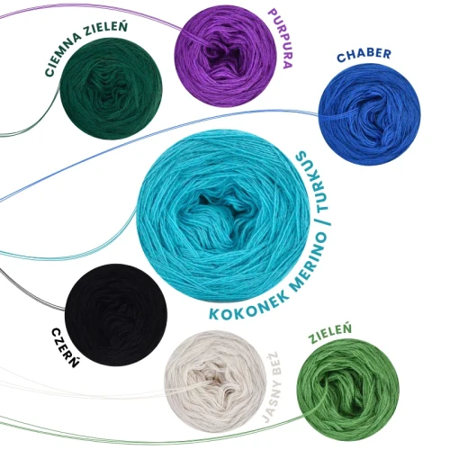 Zestaw na chustę „Zapaska" od Forest of Needles 04 / Kokonki Merino / Czerń/turkus/ciemna zieleń/zieleń/jasny beż/chaber/purpura