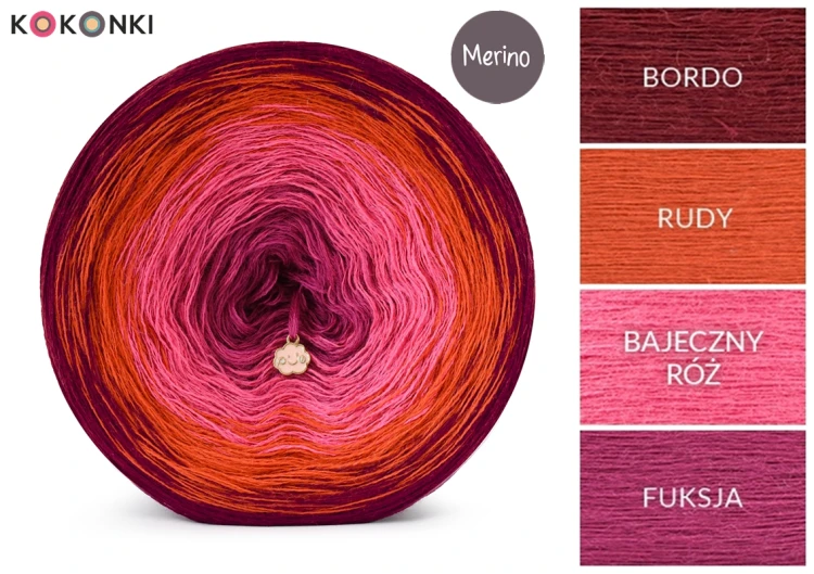 KOKONEK Merino 889 Crackling campfire - Bordo/rudy/bajeczny róż/fuksja