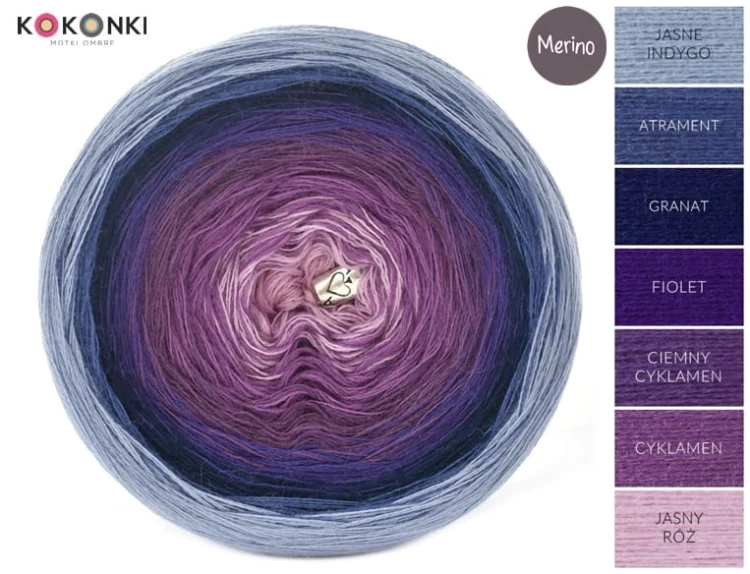 KOKONEK Merino 542 - Jasne indygo/atrament/granat/fiolet/ciemny cyklamen/cyklamen/jasny róż