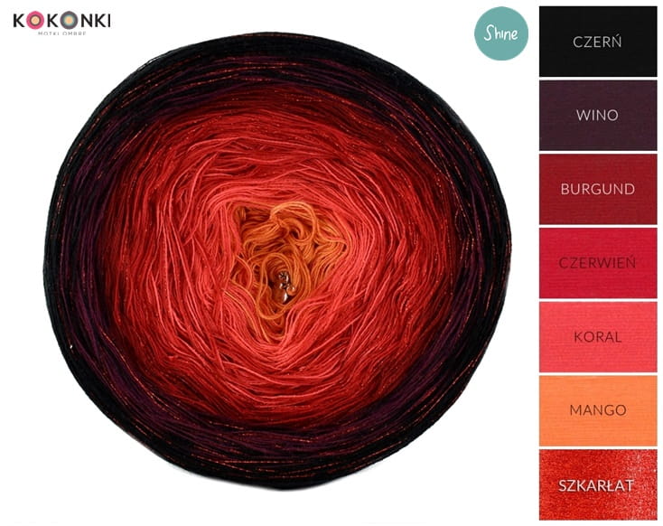 Kokonek shine - Czerń/wino/burgund/czerwień/koral/mango+nić szkarłat