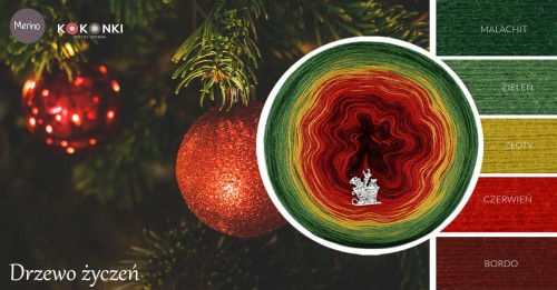KOKONEK Merino 592 MIX Drzewo życzeń - Malachit/zieleń/złoty/czerwień/bordo