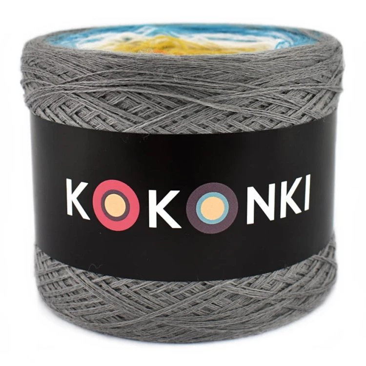 KOKONEK Merino 635 End of summer - Średni szary/turkus/biel/złoty/pomarańcz