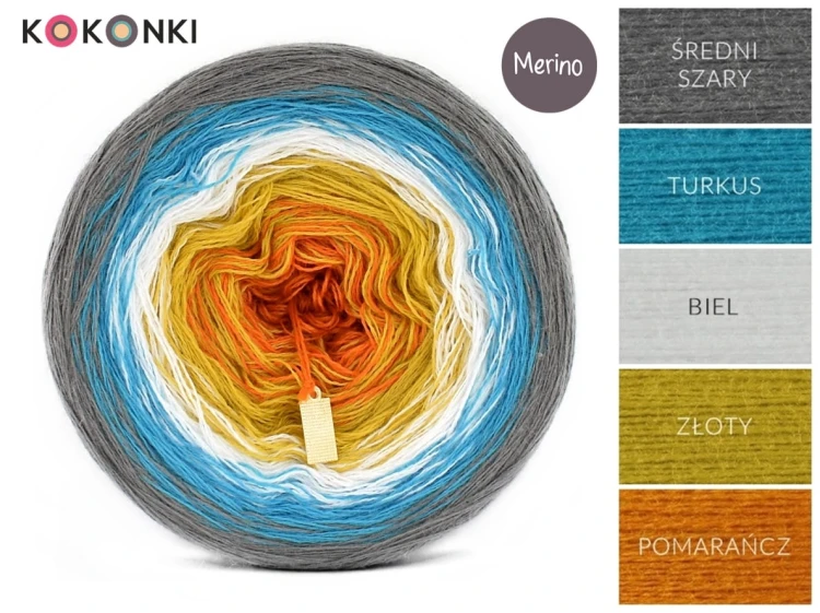 KOKONEK Merino 635 End of summer - Średni szary/turkus/biel/złoty/pomarańcz