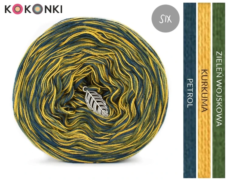 KOKONEK SIX S030 - Petrol/kurkuma/zieleń wojskowa, 6 nitek, 250 m, 100 g