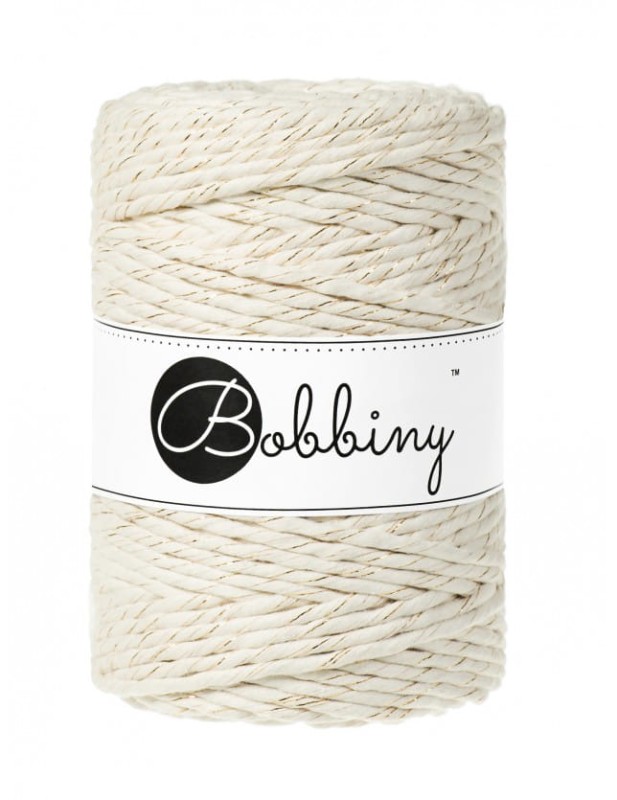 Sznurek skręcany bawełniany Bobbiny Macrame Cord / Naturalne Złoto / Golden Natural / 5mm / 100m + złoty LUREX
