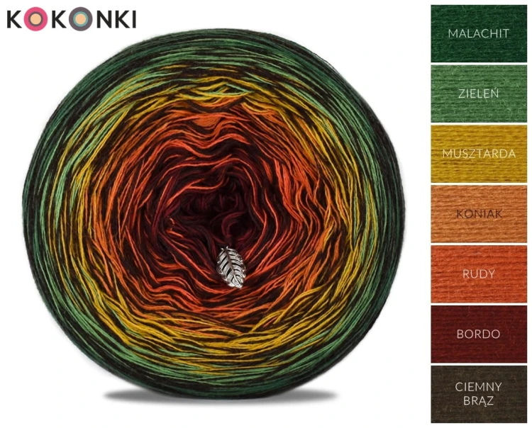 KOKONEK Merino Kish Rare R63 - Malachit/zieleń/musztarda/koniak/rudy/bordo + 2 nici ciemny brąz