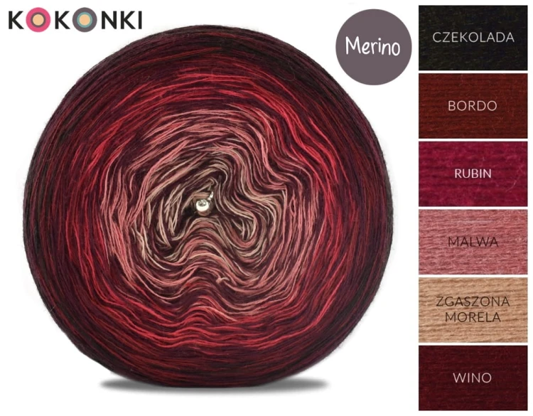 KOKONEK Merino Kish Rare R64 - Czekolada/bordo/rubin/malwa/zgaszona morela + 2 nici wino