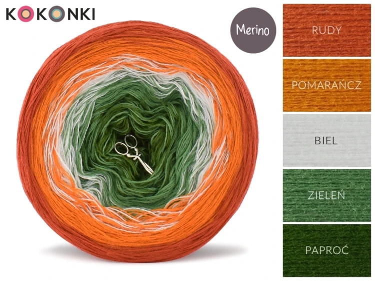 KOKONEK Merino 641 - Rudy/pomarańcz/biel/zieleń/paproć