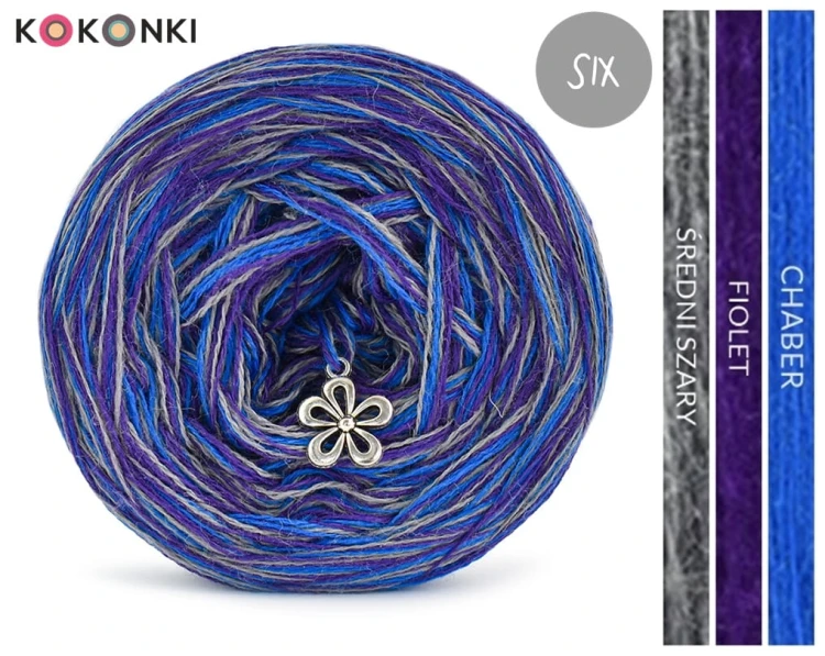 KOKONEK Merino SIX S010 - Chaber/fiolet/średni szary, 6 nitek, 230 m, 100 g