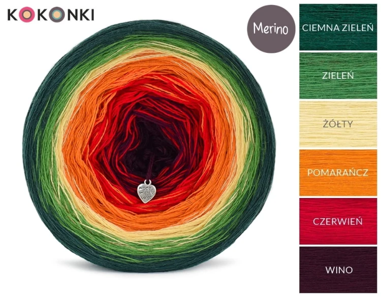 KOKONEK Merino 478 - Ciemna zieleń/zieleń/żółty/pomarańcz/czerwień/wino
