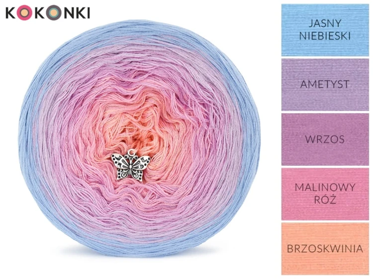 KOKONEK_Classic B059 Sweet Joy - Jasny niebieski/ametyst/wrzos/malinowy róż/brzoskwinia, 3 nitki, 1000 m, 200 g - GOTOWY
