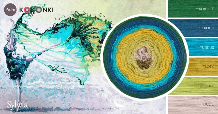 KOKONEK Merino 671 Sylwia - Malachit/petrol II/turkus/złoty/limetka/nude