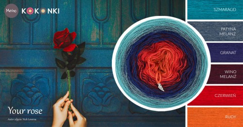 KOKONEK Merino 685 Your rose - Szmaragd/patyna melanż/granat/wino melanż/czerwień/rudy